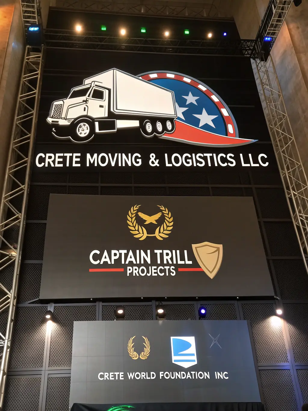 An image showcasing the logos of Crete Moving & Logistics LLC, Captain Trill Projects, and Crete World Foundation Inc., highlighting the initiatives supported by BDC.