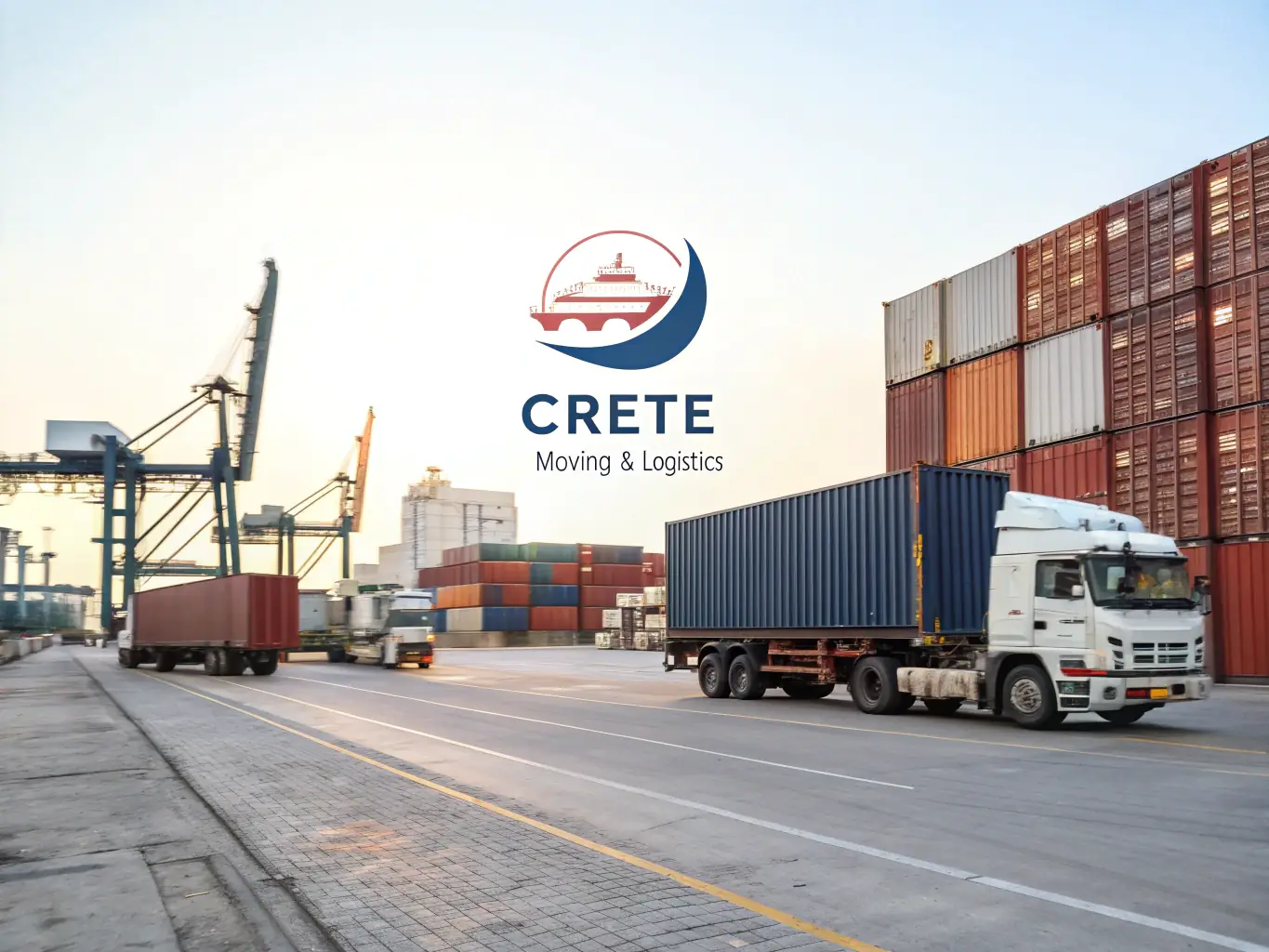 A vibrant image showcasing the Crete Moving & Logistics logo with trucks and logistics-related imagery, symbolizing their role in transportation and supply chain solutions.