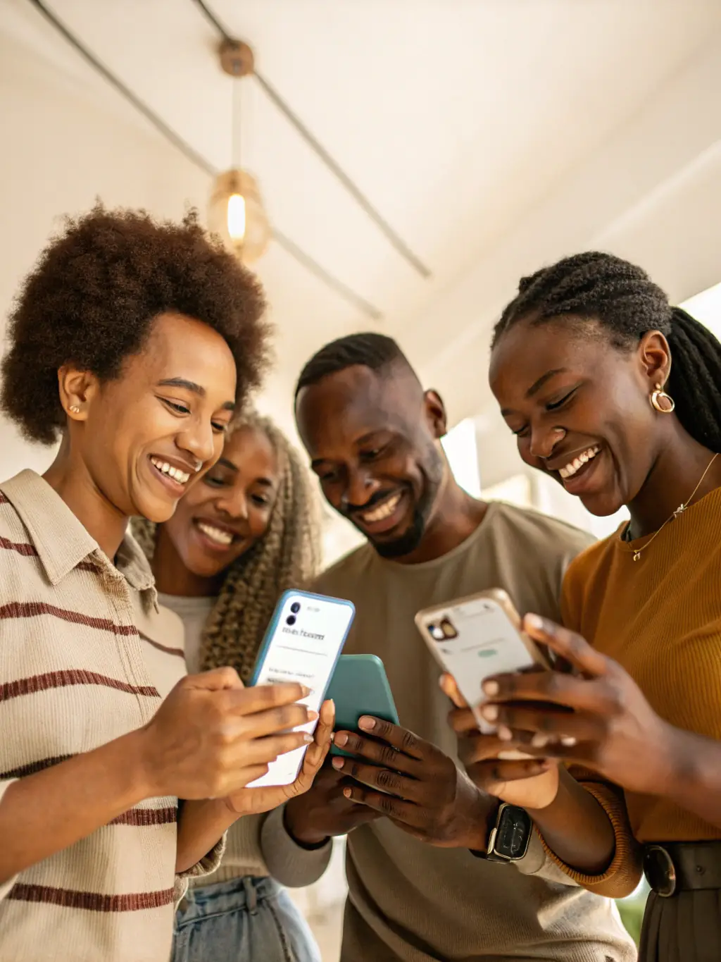 A close-up shot of a diverse group of people smiling and using smartphones to make transactions, symbolizing the ease of use and accessibility of BDC.