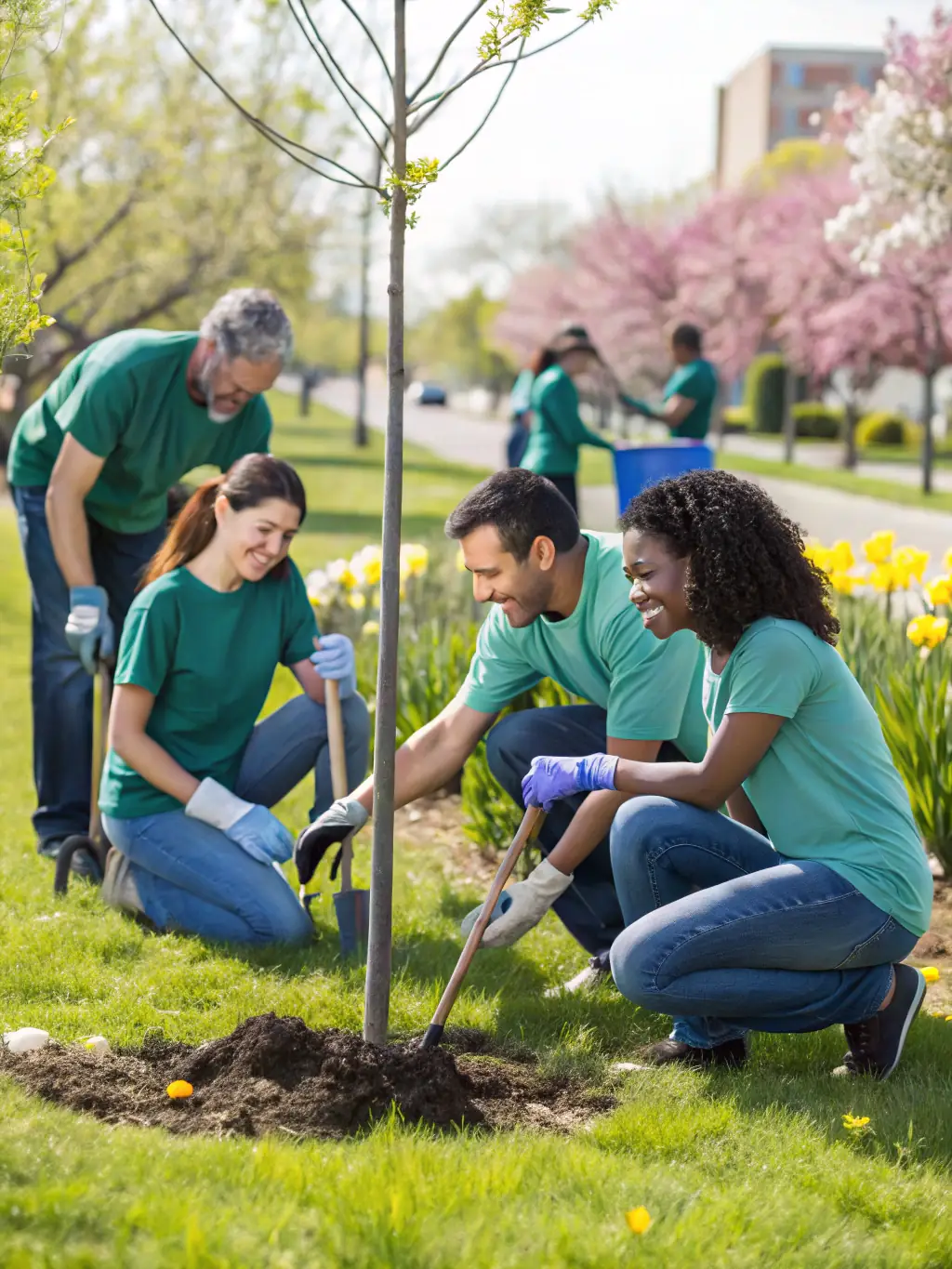A heartwarming image of volunteers participating in a Crete World Foundation event, such as a community cleanup or educational program, illustrating their dedication to community development.